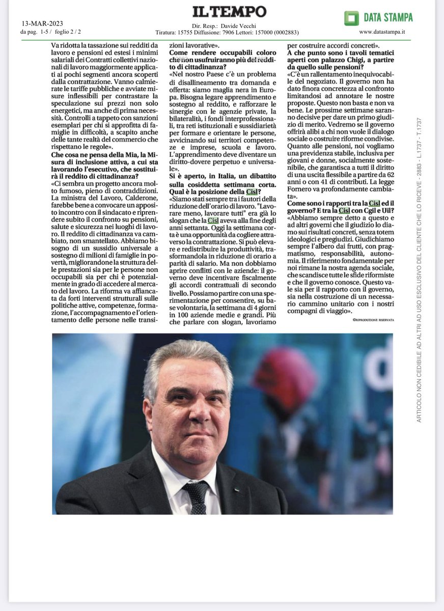CislNazionale's tweet photo. 🗞 “Il #23marzo lanceremo la proposta di un patto per l’industria, la crescita e lo sviluppo. Bisogna scegliere in modo concertato i settori strategici su cui puntare per rilanciare produzioni e posti di #lavoro”: #LuigiSbarra intervistato da ‘Il Tempo’ del #13marzo https://t.co/WycZYDHTjM