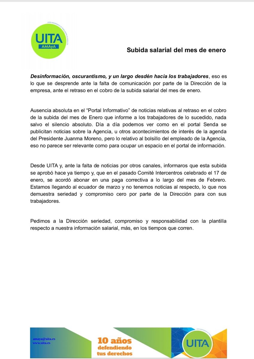 amaya_uita's tweet photo. Sin noticias de la subida salarial de enero en @AndaluciaAMAyA 
Estamos a mitad de marzo y seguimos sin saber cuándo se cobrara.
Igual es hora de que @JuanMa_Moreno se pregunte ¿Quién dirige sus agencias? https://t.co/MkzInPiEaI