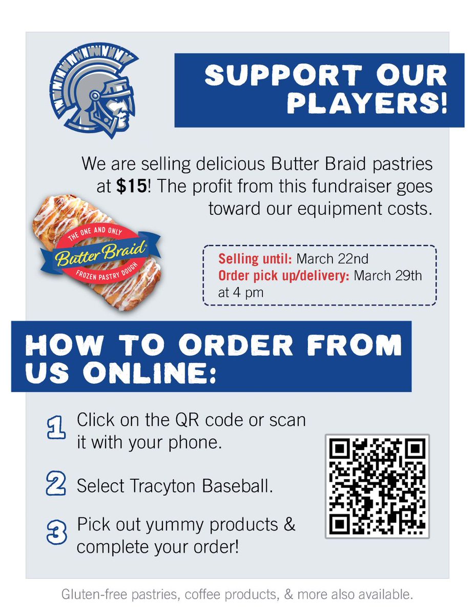 TracytonPeeWees's tweet photo. FUNDRAISER REMINDER: BUTTER BRAID PASTRIES
Don't miss out on this yummy goodness while supporting Tracyton Pee Wees! Sales end on March 22nd. Order pick-up/delivery is scheduled for March 29th. https://t.co/iFoY2CicYm
