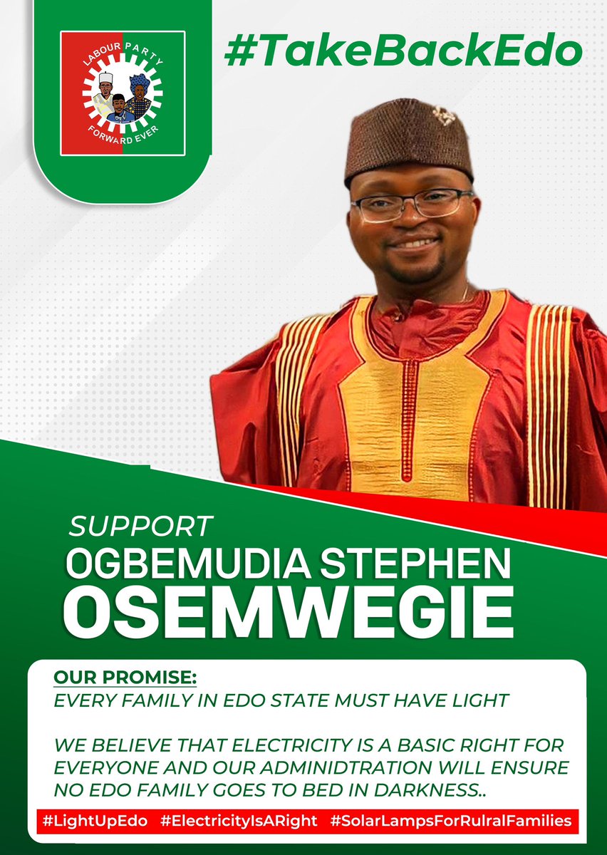 I am Stephen OSEMWEGIE, Born&Raised in G.R.A Benin. 
Edo State belongs to all of us. We can no longer seat on the sidelines and watch #APC and #PDP. 
It is the Turn of The Edo People! 
Labour Party can help give our state back to you. 
#TakeBackEdo #ElectrifyEdo #ThinkBig