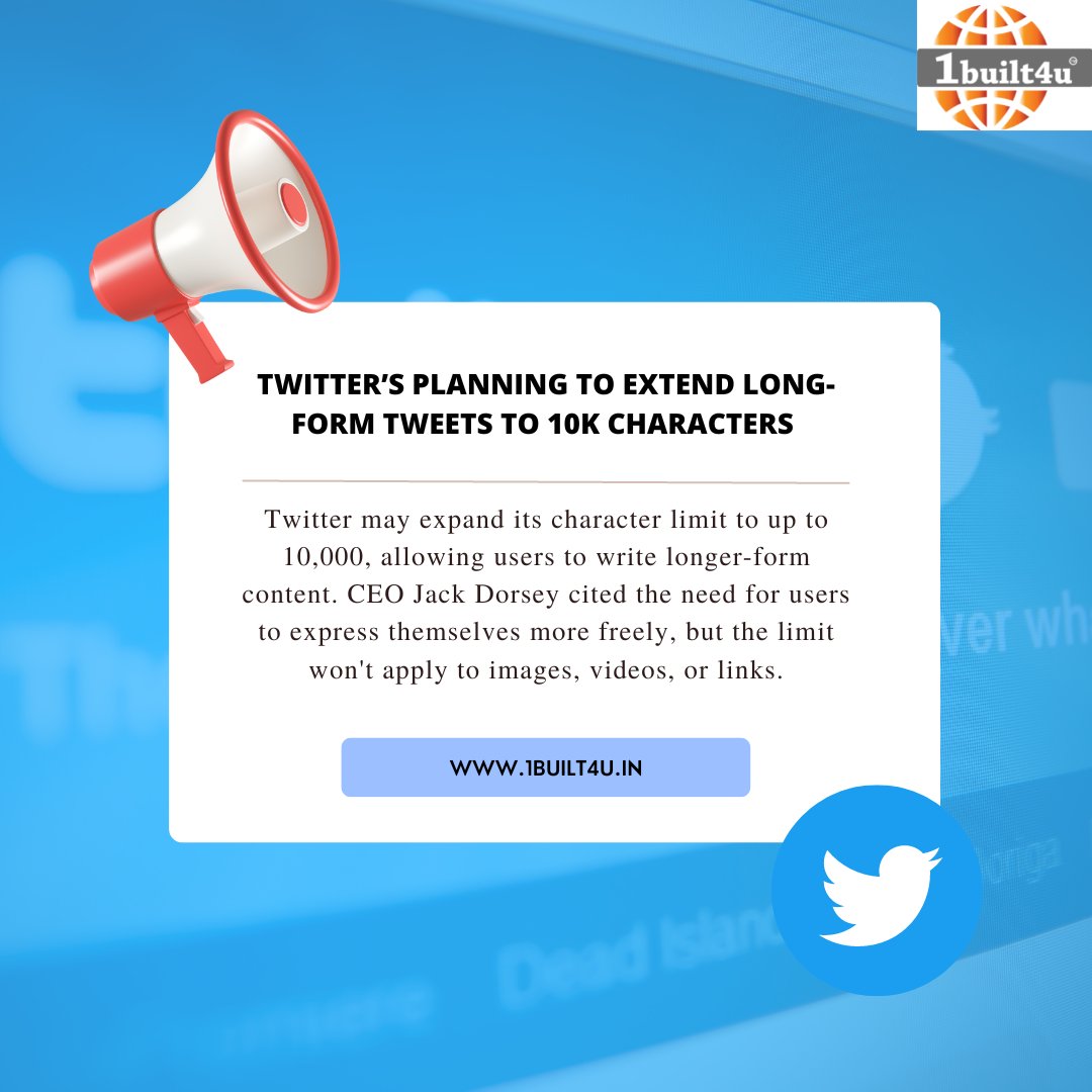 1built4u's tweet photo. Twitter’s Planning to Extend Long-Form Tweets to 10K Characters 

#1built4u
#longformtweets #twitterexpansion #characterlimitincrease #tweetextensions #socialmediaupdates #digitalmarketing #contentcreation #socialmediamarketing https://t.co/3OU7BC4qlS