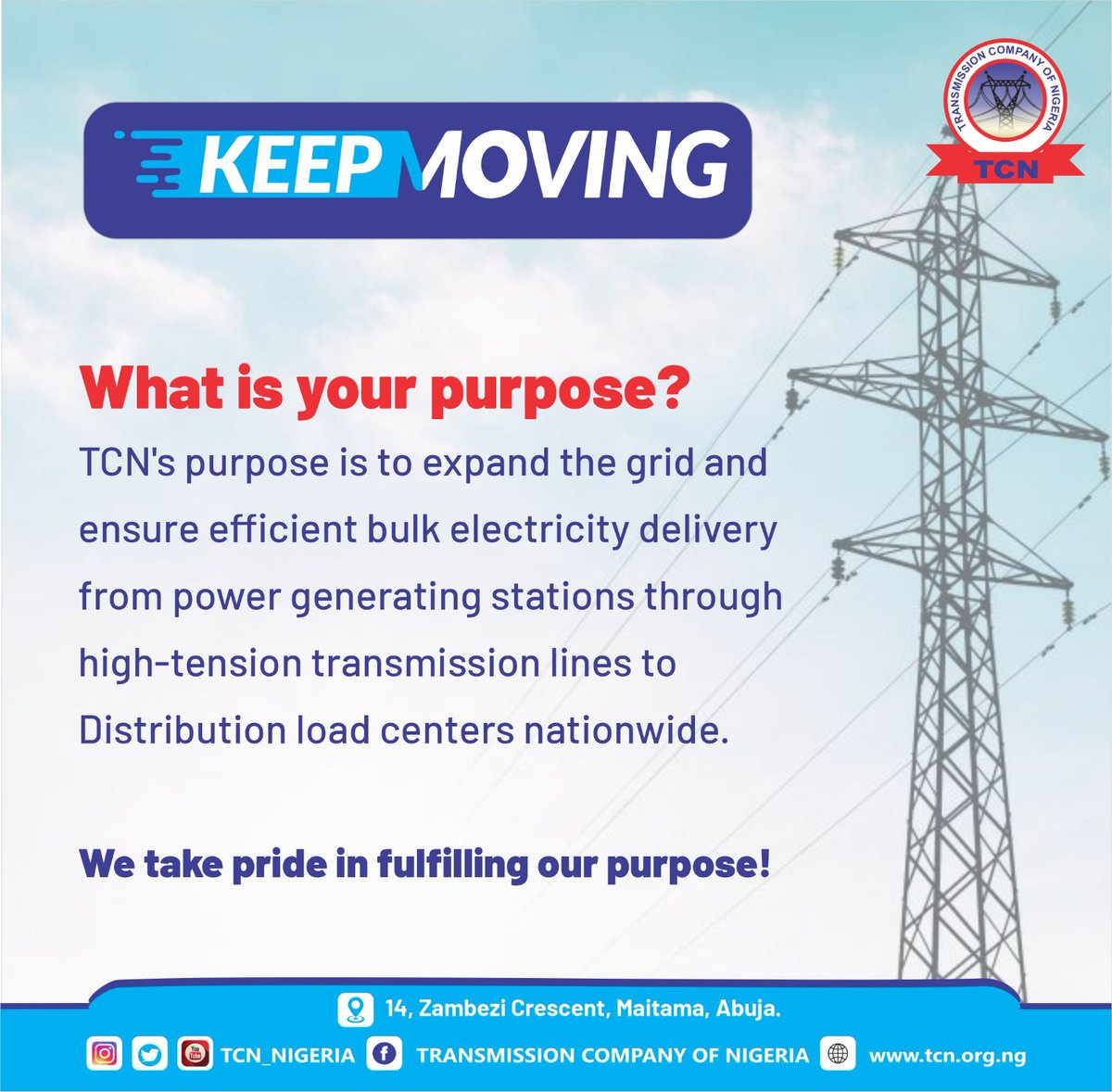 TCN_NIGERIA's tweet photo. Purpose propels action.

Go for it!

Happy New Week!

#tcnnigeria
#TCNCares
#electricity
#MondayMotivation
#power https://t.co/S6ZfbVM41k