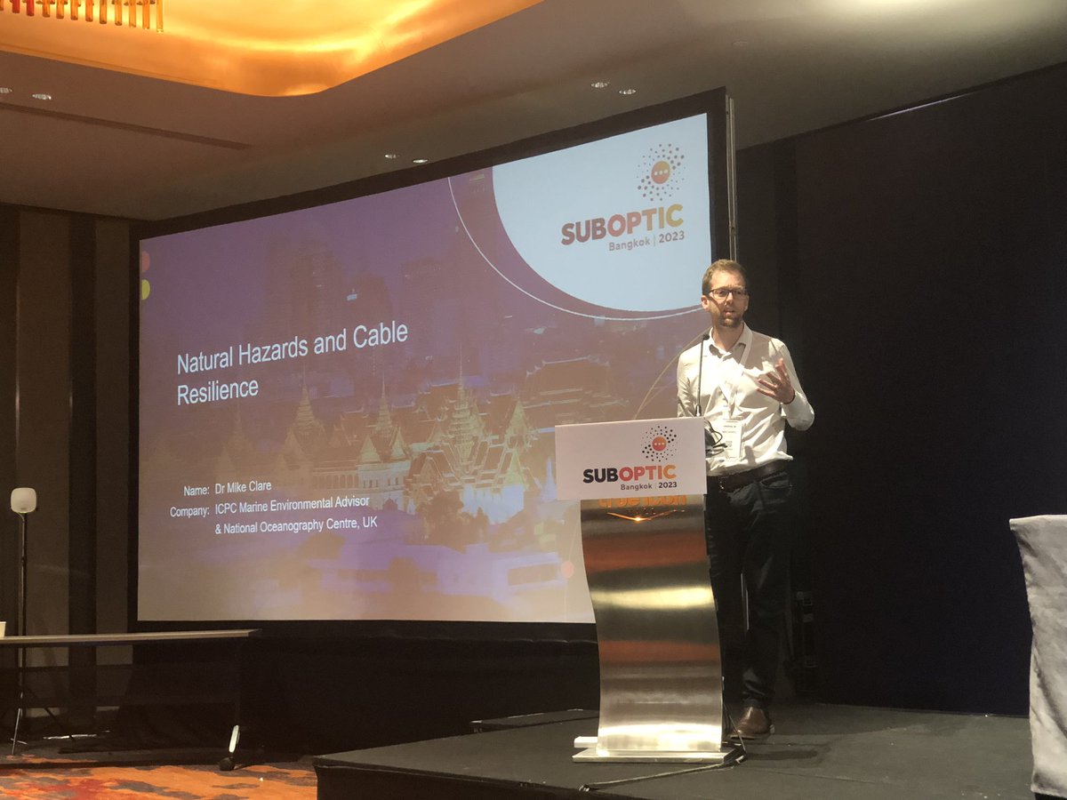 isobelyeo's tweet photo. How do you make #SubseaCables more resilient to natural hazards? @MikeAClare from @NOCnews presenting on the first day of #SubOptic2023 and covering some of our recent work on the 2021/22 #HungaVolcano eruption and its impact on subsea infrastructure. https://t.co/LSZpn7bGac