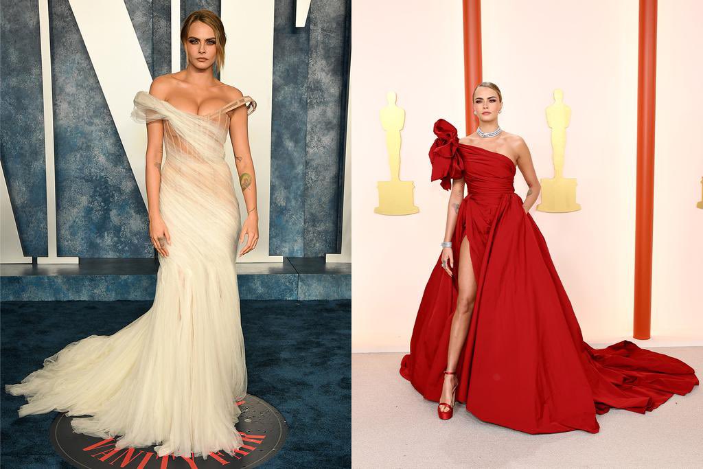 All the switch ups, side-by-side on Hollywoods biggest (and longest) night! See how the stars changed up their looks going from the #Oscars ceremony to the #VanityFairOscarParty bit.ly/3Jzp65T