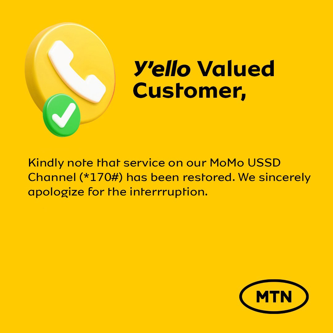 MTNGhana's tweet image. Our MoMo USSD channel (*170#) is now fully functional 😀. Thank you for your patience 🫡🙏🏾. 

#Goodtogether #mtnmomo