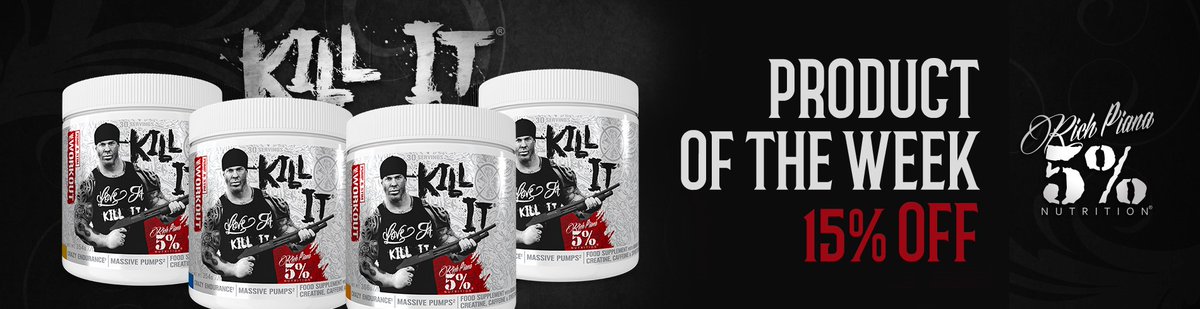 NASKORSPORTS's tweet photo. Product of the Week at NaskorSports: 5% Nutrition - Rich Piana Kill It (30 serv)! 
Kill It is the original Rich Piana 5% Nutrition pre-workout, which employs less caffeine and more ingredients for pump and performance to make an all-in-one pre-workout!: https://t.co/U72IuDi2ww https://t.co/xgi0UgMvk8
