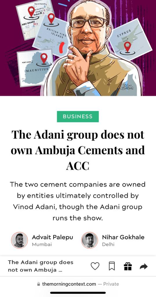 MahuaMoitra's tweet image. “The Adani group does not own Ambuja Cements and ACC” - Deception of the highest order. One cannot make this stuff up. @SEBI_India  and @CCI_India would have been provided all details!