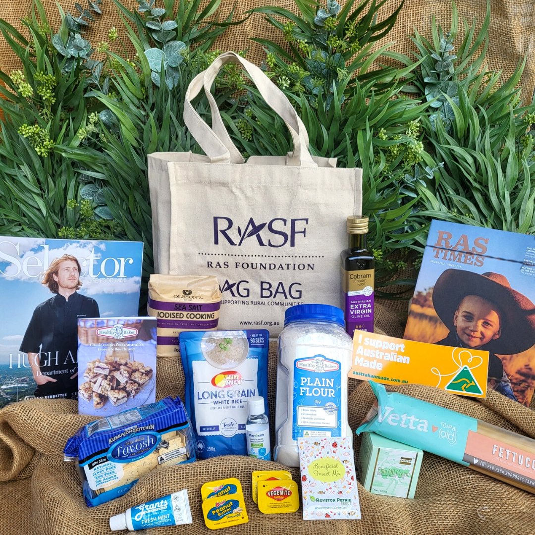 RAS_NSW's tweet photo. The RASF Ag Bag is celebrating a decade of support for regional & rural communities! The bag that gives back is jam-packed with Australian-made goodies, valued at over $75 dollars, but sells for only $25!! #RASNSW #RASF https://t.co/hNjig2BisW