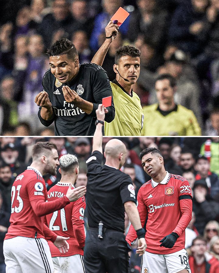 2korada's tweet photo. Casemiro never received a straight red card in his seven-year career at Real Madrid.

The Brazilian has received two red cards in his last three PL matches for Man United 😳

Image: ESPN (Twitter) https://t.co/XRjuno3QLY