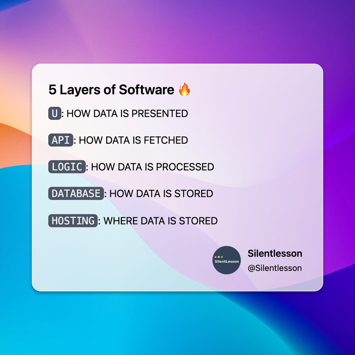 LessonSilent's tweet photo. 5 Layers of software
#100daysOfCode #coding #hourofcode #Blogger  #DevHighlights #codeincommunity #developers #javascriptd #tech #OurBloggingLife #angularjs #reactjs #JavaScriptKicks #HTML #CSS #NodeJS https://t.co/5UpNoFJLLO