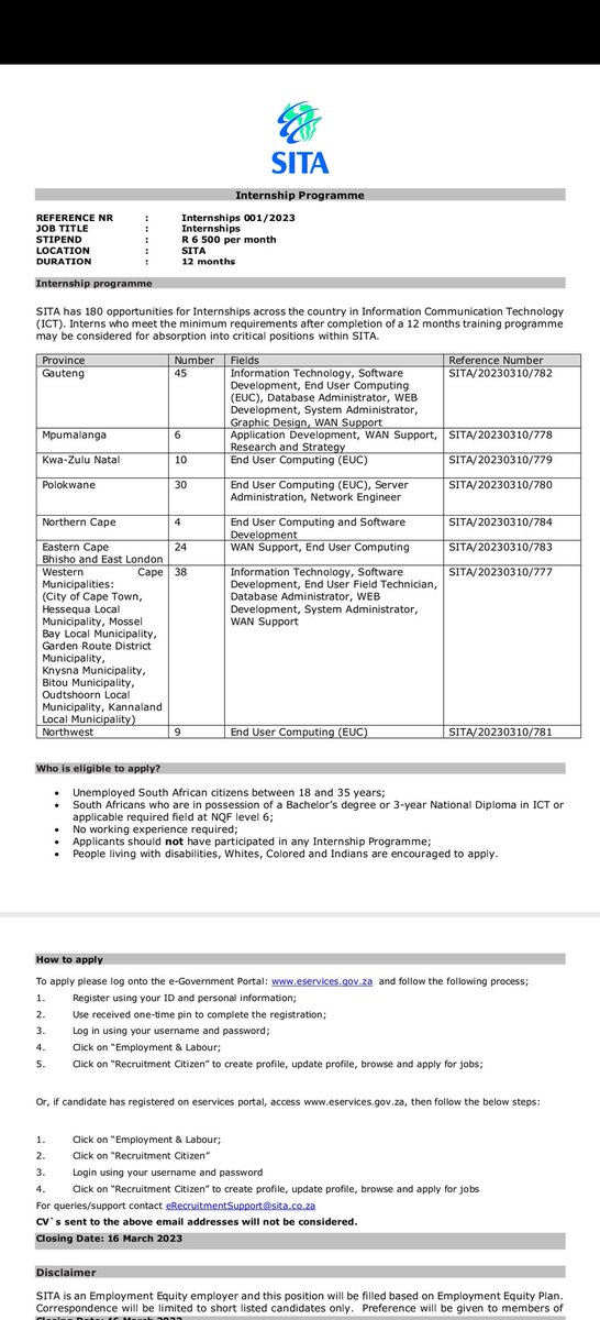 RMakukuli's tweet photo. SITA

📌Internship Programme

Stipend: R6 500 per month

To apply please log onto the e-Government Portal: https://t.co/8p4X131JdJ and follow the following process; 

1. Register using your ID and personal information;
2. Use received one-time pin to https://t.co/wr2HqIUW9b