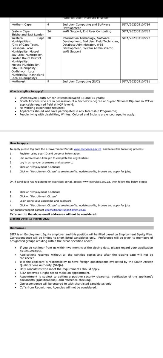 RMakukuli's tweet photo. SITA

📌Internship Programme

Stipend: R6 500 per month

To apply please log onto the e-Government Portal: https://t.co/8p4X131JdJ and follow the following process; 

1. Register using your ID and personal information;
2. Use received one-time pin to https://t.co/wr2HqIUW9b