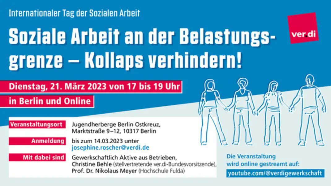 📢 Veranstaltungshinweis: Am 21.03 ist #TagDerSozialenArbeit dafür organisiert <a href="/_verdi/">Ver.piss.di</a> eine spannende Veranstaltung zur Belastungssituation in der Sozialen Arbeit. Teilnahme Digital und in Präsenz möglich. 

Mehr Infos und Anmeldung: gesundheit-soziales-bildung.verdi.de/service/semina…
Wir freuen uns schon!
