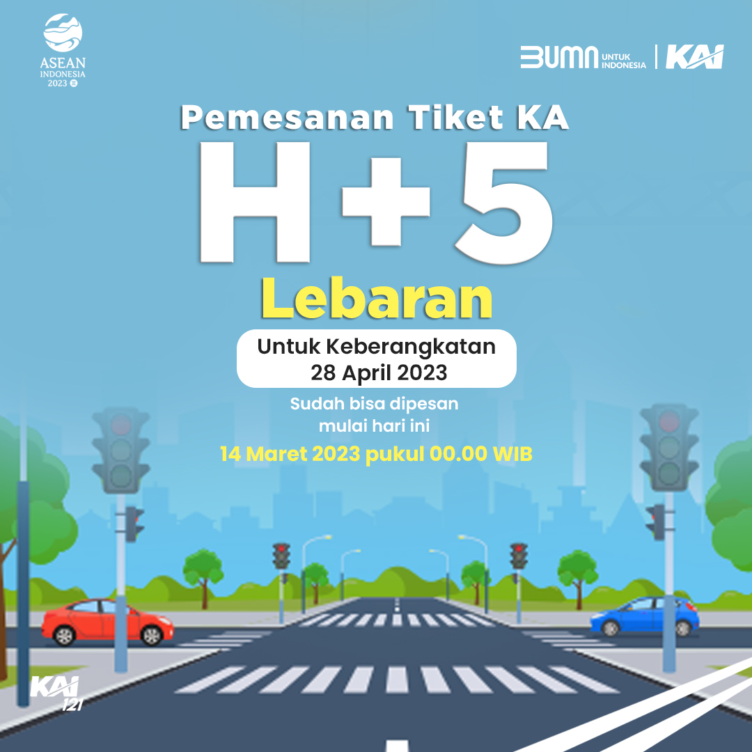 KAI121's tweet photo. Pemesanan tiket KA masa angkutan lebaran utk keberangkatan tgl. 28 April 2023 (H+5 Lebaran), sudah bisa dilakukan hari ini, mulai pkl. 00.00 WIB.

Pemesanan dapat dilakukan lewat: KAI Access, https://t.co/sQEDaS6e2r, Contact Center 121 &amp; mitra resmi KAI.

#KAI121
#MudikNaikKereta https://t.co/UGoI4OwKge