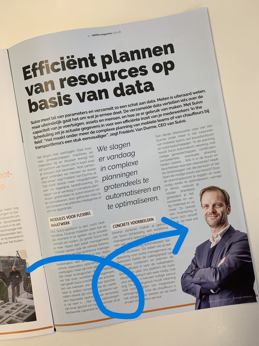 Suivo_NV's tweet image. Frédéric Van Durme: "Wij lanceren Suivo Scheduling: verzamelde data kan je gebruiken voor een efficiënte en geautomatiseerde planning van je medewerkers 'in the field'."

Snel het INFRA magazine bemachtigen 😀

#digitalisatie #optimalisatie #trackandtrace  #workforcemanagement