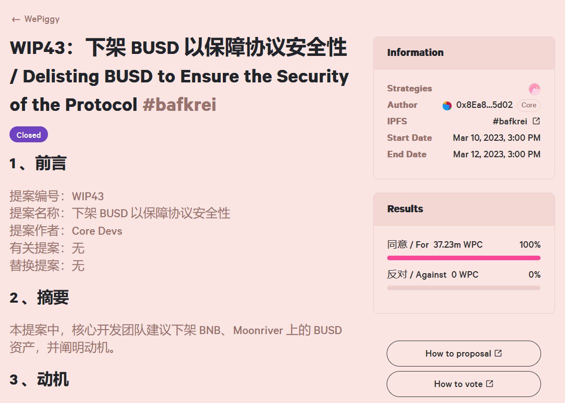 WIP 43 Formal voting ends
$BUSD on #BNB and #Moonriver Chains will be delisted to avoid potential  reserves and price crises🐖
Aim to become the most secure protocol in the long run💪
bit.ly/3ZLaeam