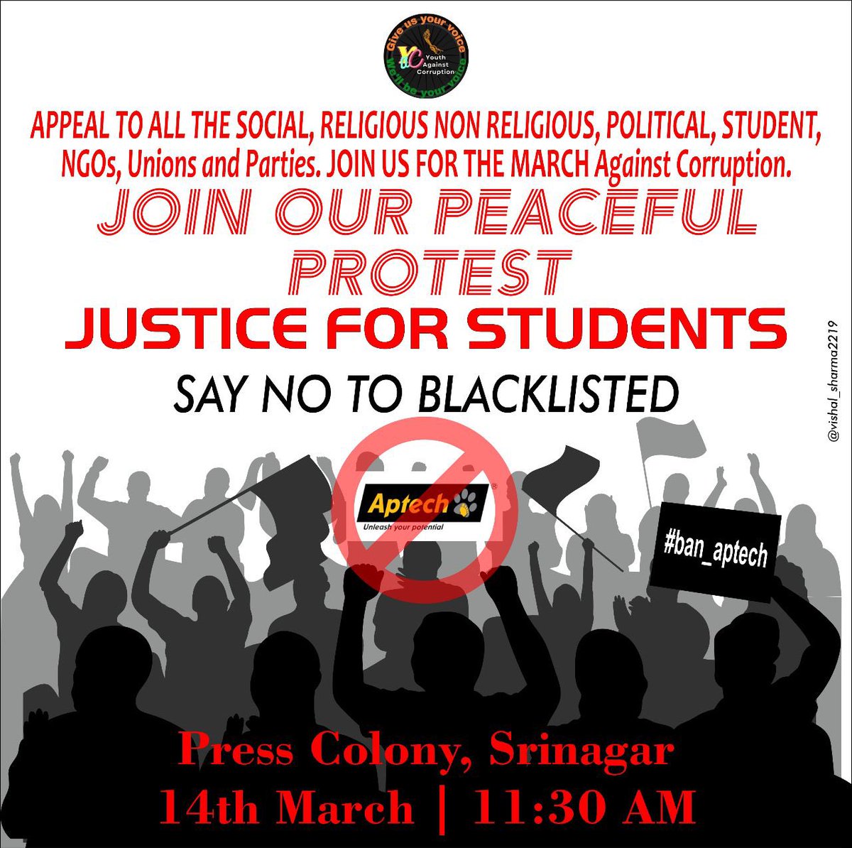 Everyone is requested to Join us as we are hoping for a Mass Peaceful Protest in Srinagar from 11:30AM onwards. 

Raise your voice Against Corruption.
#JKSSB #Aptech