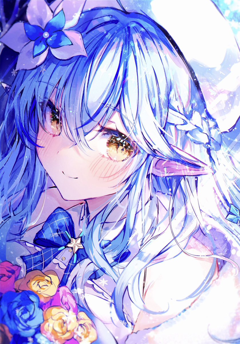 yukihana lamy 1girl solo pointy ears flower blue hair long hair hat  illustration images