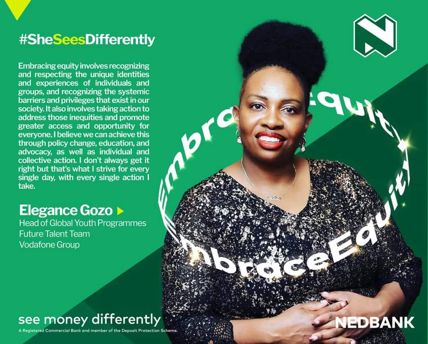 NedbankZimbabwe's tweet photo. As we continue to celebrate our leading ladies this women’s month, today we showcase Elegance Gozo, Head of Global Youth Programmes Future Talent Team at
Vodafone Group. She shares her thoughts on this year’s theme.

#EmbraceEquity
#Nedbank https://t.co/ArvSQmsJ2s