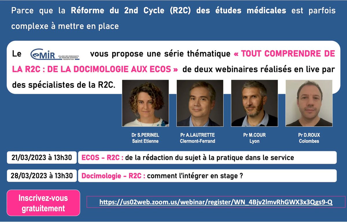 Vous souhaitez tout comprendre de la réforme du deuxième cycle #R2C ?
Rejoignez nos spécialistes pour deux webinaires
👉 ECOS : de la rédaction à la pratique ? (21/03 13h30)
👉 Docimologie : comment l'intégrer en stage ? (28/03 13h30)
Inscription gratuite http://www.ce-mir.f…
