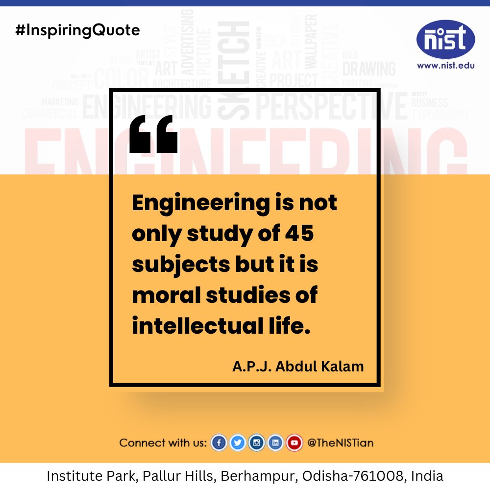 NIST_University's tweet image. #InspiringQuote

Engineering goes beyond equations and formulas. It&apos;s about developing a moral compass for a fulfilling intellectual life.

#EngineeringEthics #IntellectualGrowth #MoralStudies #NIST #nistbrahmapur #Berhampur #thenistian