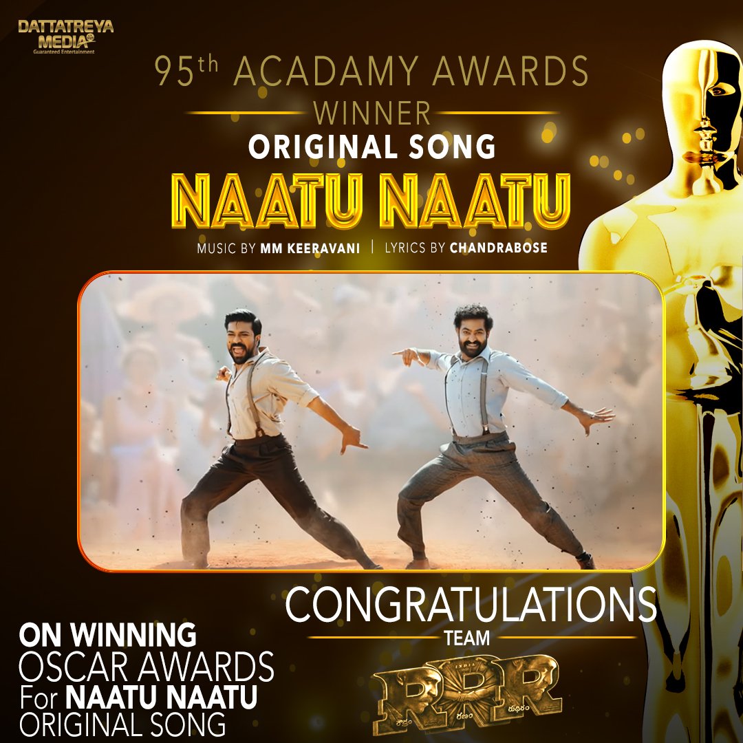 Congratulations, team @RRRMovie, for making Telugu Cinema proud. Your achievement has grown our cinema miles and took it to the world stage. Thank you, and once again, Congrats! 🥰 #RRRMovie #NaatuNaatu #Oscars #Oscars95 #Oscars2023