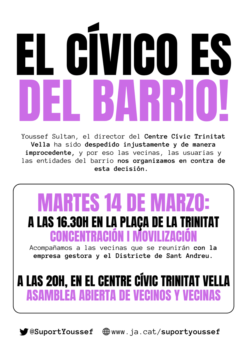 ‼️Demà, cridem ben fort: El Cívic és del Barri! #YoussefReadmissió

👉Dimarts 14 de març
🪧A les 16.30h: Concentració a la Plaça de la Trinitat i mobilització fins a Sant Andreu!
🗣️A les 20h: Assemblea de veïnes al Centre Cívic Trinitat Vella.