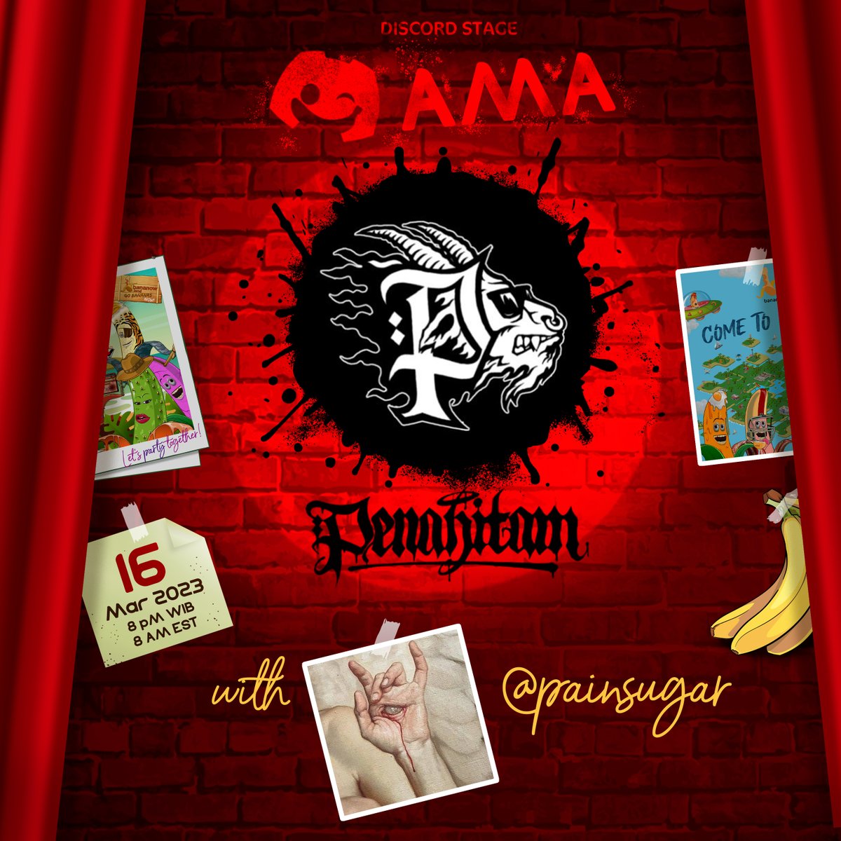 bananow_land's tweet image. This Thursday we will have a special guest on our discord. @penahitam_arts @painsugar will share their story and vision in this verse.

GM, Fam! Join us to get to know them better together on the #bananow discord stage on March 16th. 
See you there! 😉🥂
#AMA #NFTCommunity