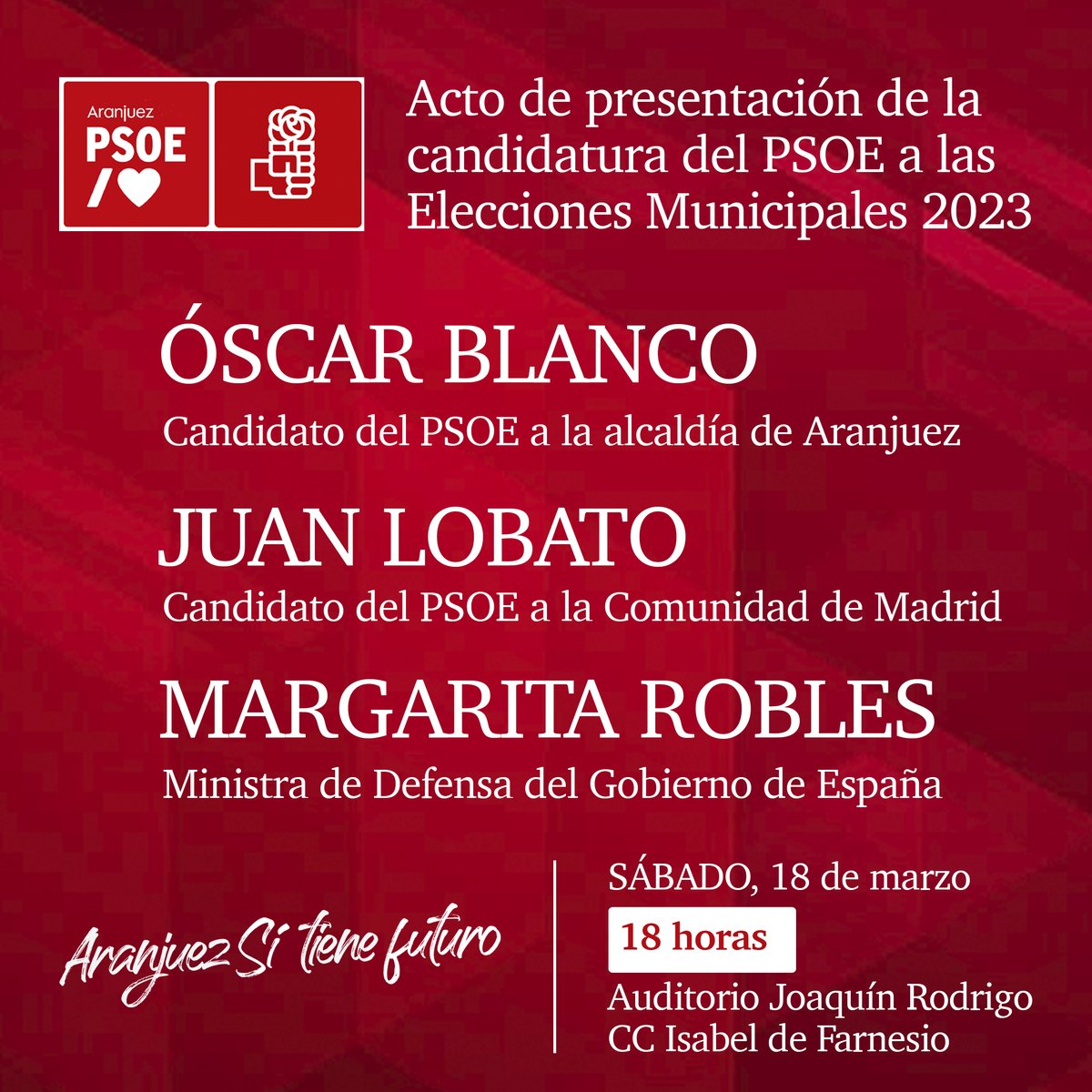 psoearanjuez's tweet photo. El próximo sábado, nuestro candidato a la Alcaldía @oblancoh  presentará la lista con la que concurrirá a las Elecciones Municipales del 28 de mayo. Será a las 18 horas en el Centro Cultural Isabel de Farnesio...
Te esperamos!!! https://t.co/fG4ygq1Att