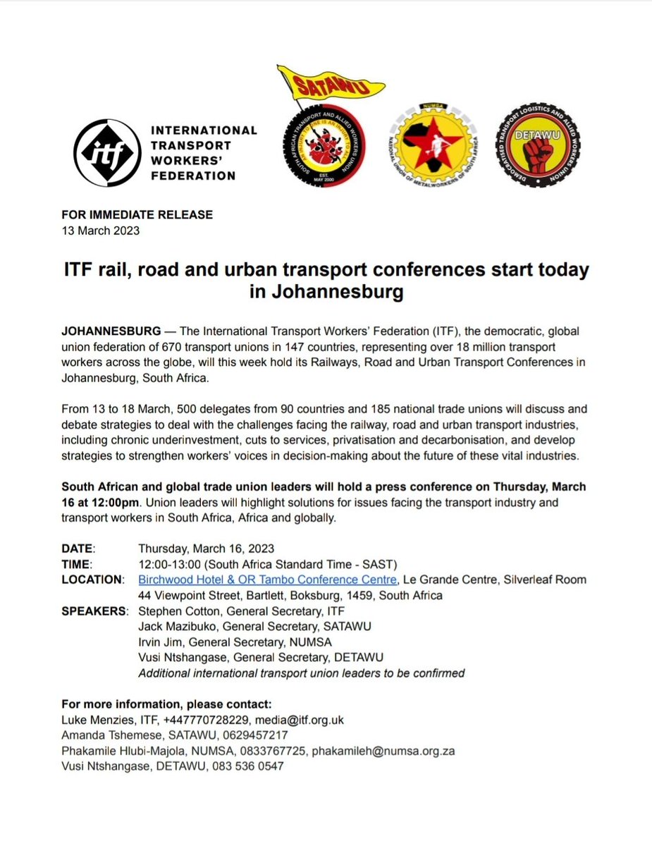 Numsa_Media's tweet photo. NUMSA, DETAWU and SATAWU are participating in the #ITFConference for the next 6 days
#ForTheLoveofTheWorkingClass
❤🖤💛
@ITF_Forum https://t.co/9k6IHPsRXC