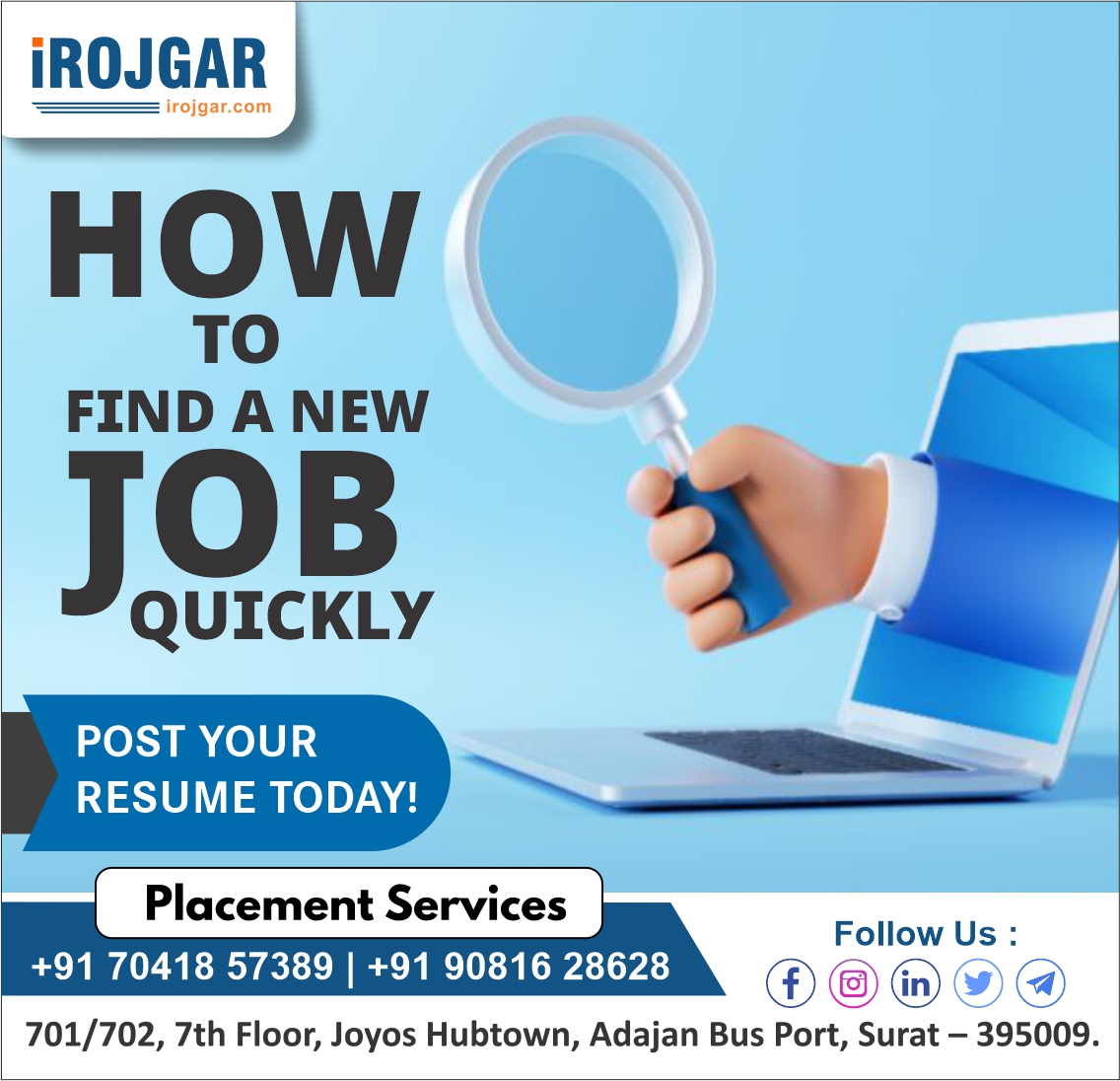 irojgar's tweet photo. JOB CONSULTANCY

For More Information Contact Us:-
https://t.co/z92YfvfoxC

Mobile No. :- (1) 77 79 01 01 01 (2) 90 81 62 86 28

Address :- 701/702, 7th floor, Joyos Hubtown, Adajan Bus Port, Surat. 395009.
#IROJGAR #IROJGARSURAT #jobinterview #privatejob #surtie https://t.co/SqOAQZRrde