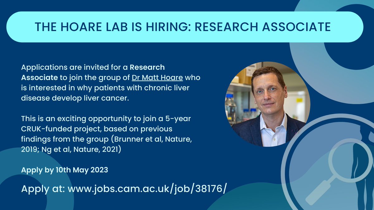 📢Fantastic opportunity to join @Matt_Hoare20 as a research associate, working in close collaboration with Prof Nitzan Rosenfeld <a href="/CRUK_CI/">CRUK Cambridge Institute</a> 
Apply by 10th May.