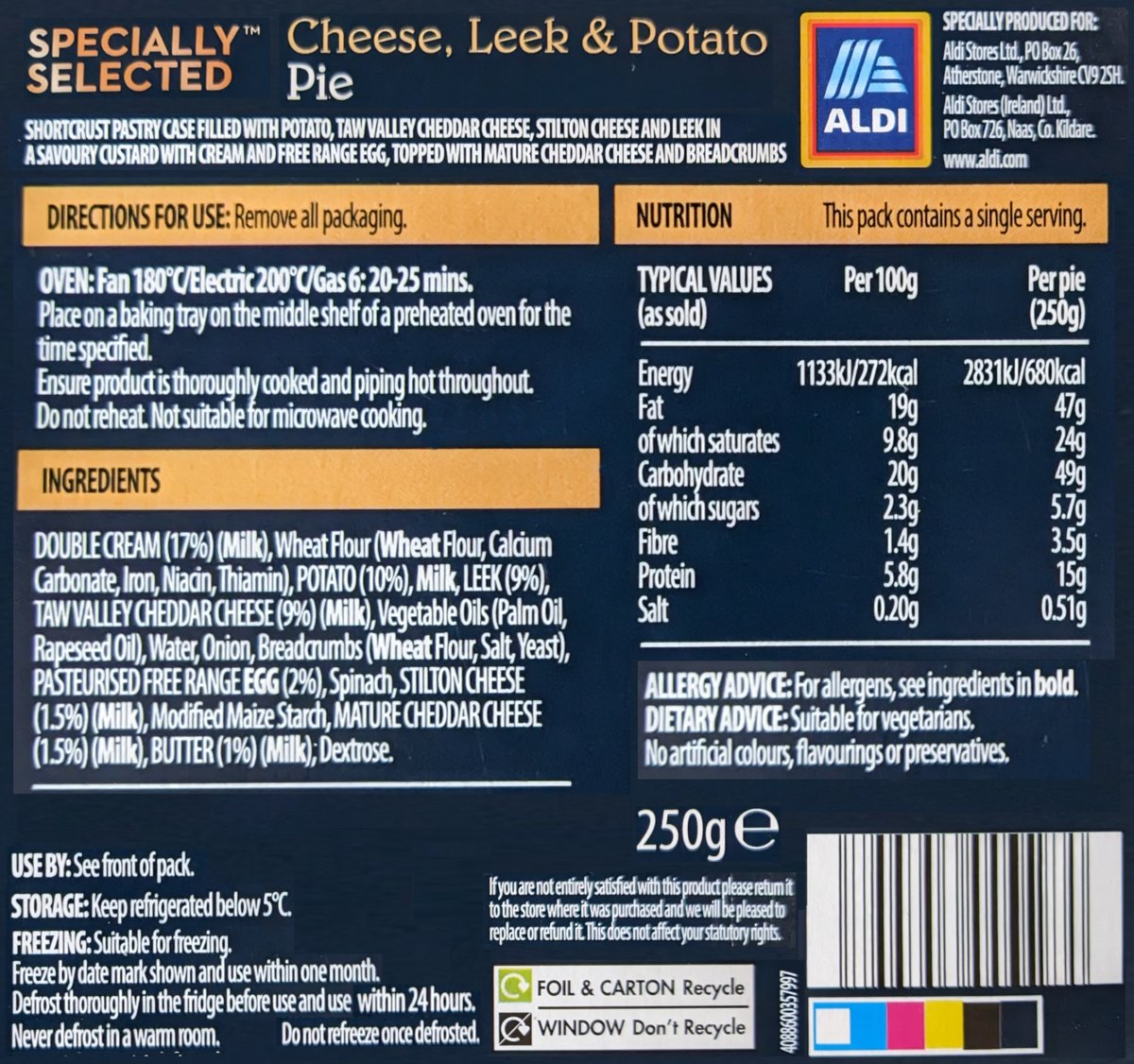 RPSeymour's tweet photo. @AldiUK 
Hi
We love your Pies. 🥧
We don't love the size of the text on your packaging. 🔍
Sorry, we are getting old &amp; our eyesight is failing. 

Just a little suggestion to help be able to read easier.
Move the graphic and bio piece to the box side. https://t.co/vOZBRB5DGC