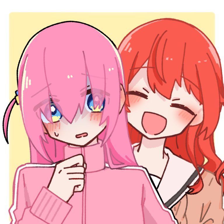 gotou hitori multiple girls 2girls cube hair ornament pink hair track jacket red hair pink jacket  illustration images