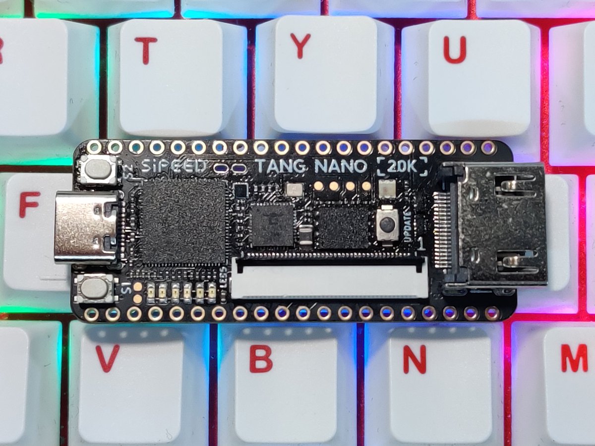 SipeedIO's tweet image. New #FPGA #TangNano 20K Coming soon~
Only 5.5x2.5cm, with 20k luts, 64Mbit SDRAM, RGB LCD, HDMI, WS2812, onbaord codec&amp;amp;PA, support PlayStation2 JoyStick~
And support #LiteX now!