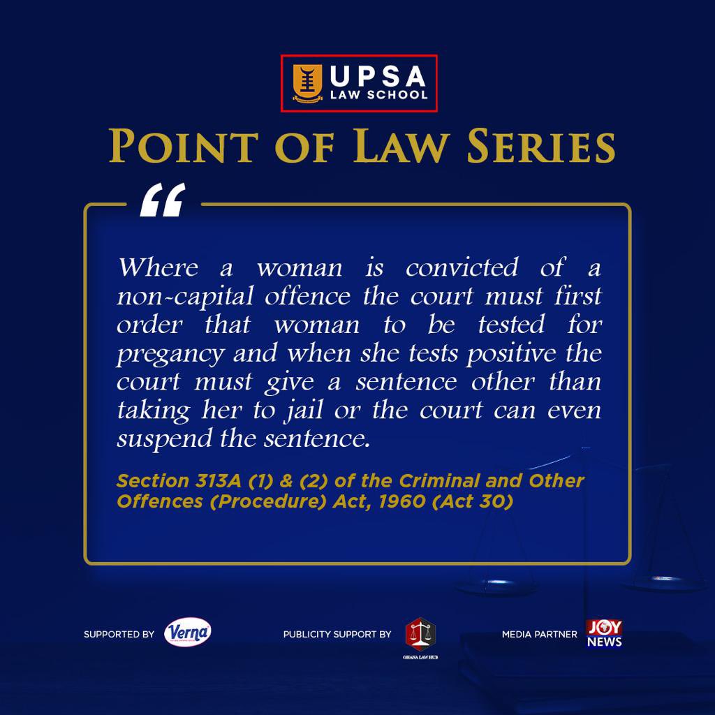 UPSALawSchool's tweet photo. What happens when a woman convicted of a non-capital offence is found to be pregnant? 

#UPSA #UPSALawSchool #PoLS #Ghanamonth #crime #pregnant #capitaloffence #sentencing #rightsofwomen https://t.co/sfTXmrV0Dr