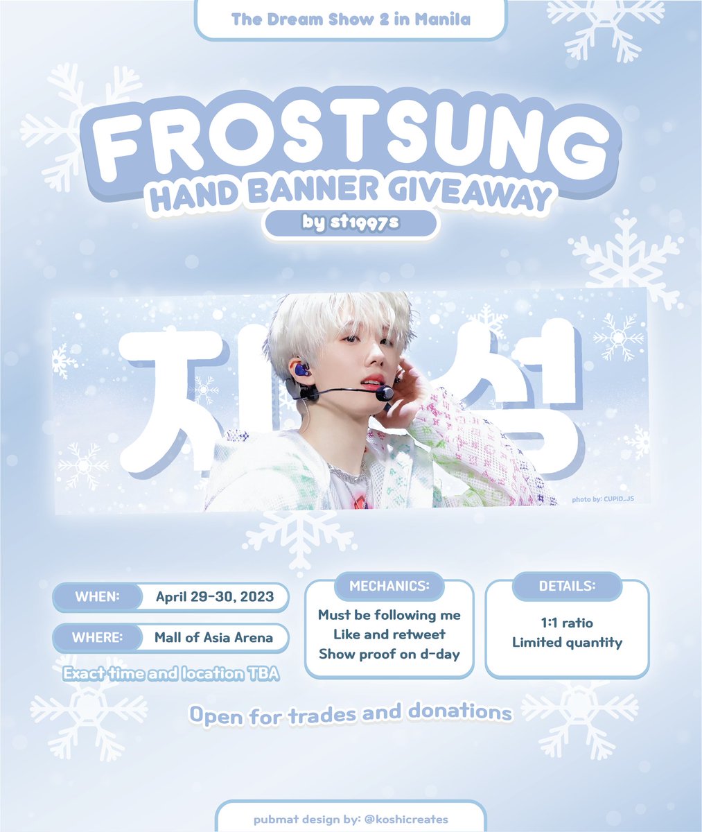 THE DREAM SHOW 2 IN MANILA
➼ JISUNG FAN SUPPORT

∘⁠˚˳⁠ frostsung hand banner giveaway ⁠˚˳⁠°

≛ like, rt, follow
≛ show proof on d-day
≛ open for trades and donations

#TDS2inMNL #THEDREAMSHOW2_In_A_DREAM