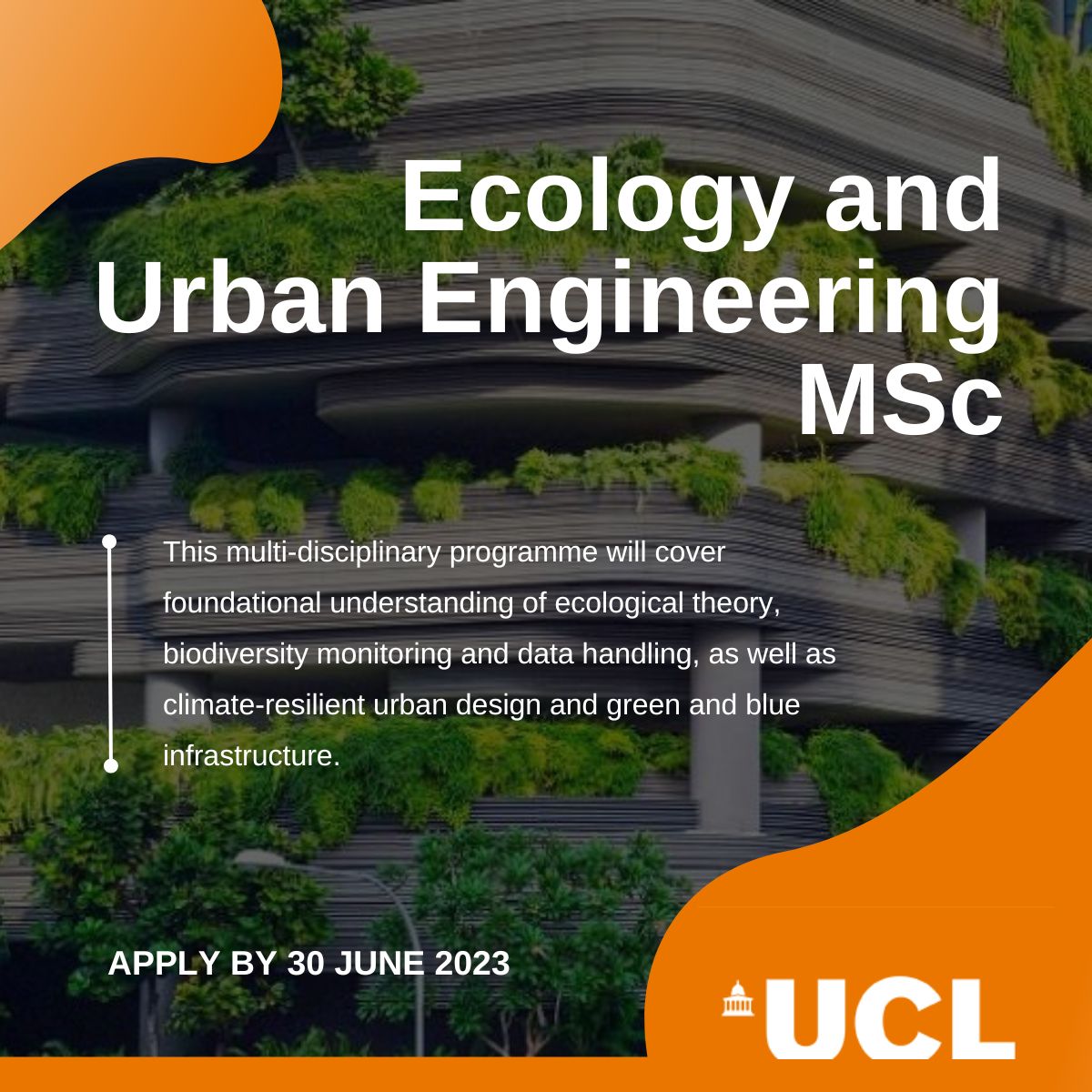 Want to know how to combine #ecology, #urban #design, and #engineering to answer the planet's most pressing #climate and #biodiversity questions? Join our new multi-disciplinary #MSc programme @UCLEast Visit lnkd.in/eWqU6XDm for more info.