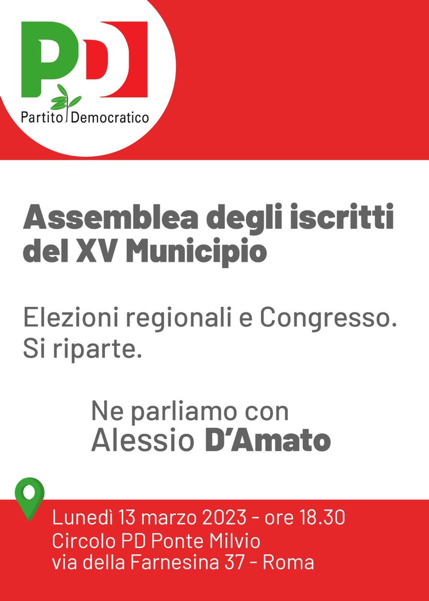 milviuspd's tweet photo. #Assemblea degli iscritti del #MunicipioXV

Analizzeremo il risultato del voto regionale e del Congresso Nazionale 🟢 #Regionali ⚪️ #Congresso🔴 #siriparte

Dalle ore 18:30 con @AlessioDAmato_ coordina #ClaudioMarinali Segr. PD Municipio XV

Vi aspettiamo @g_tomassini @alecozza88 https://t.co/WCMFopOtAl
