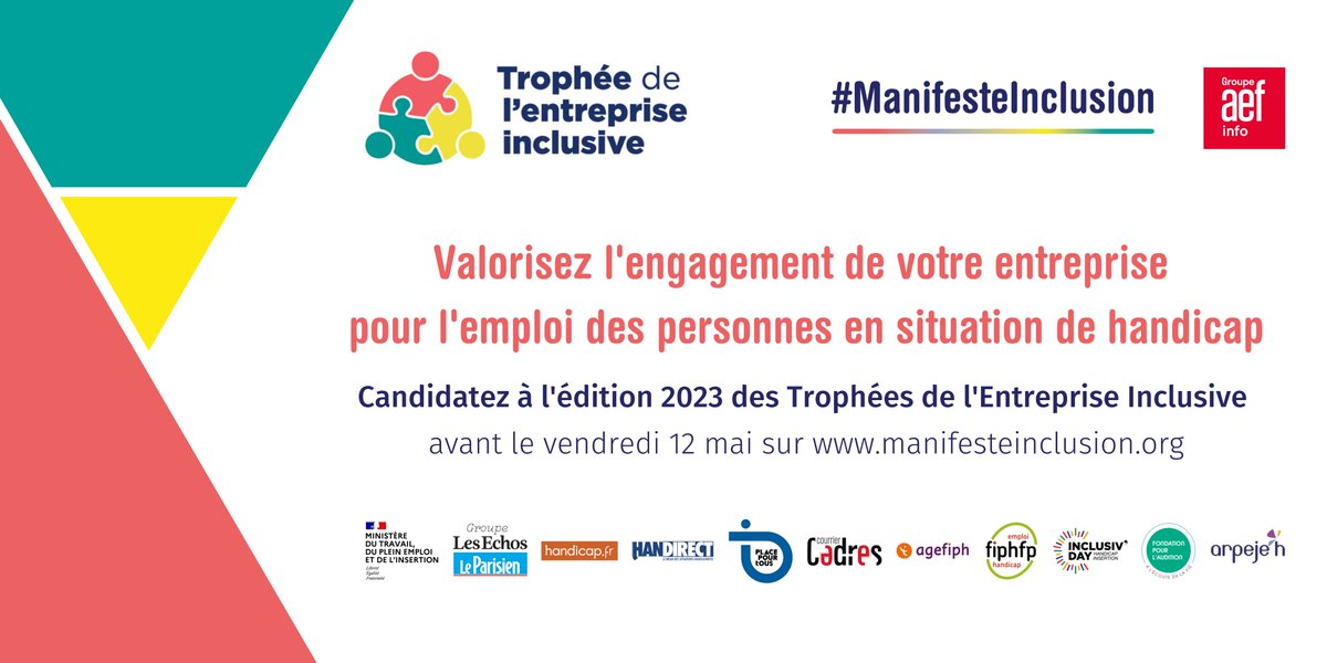 PourlAudition's tweet photo. Votre entreprise est mobilisée pour l’#inclusion et l’#emploi des personnes en situation de #handicap ?

Partagez vos initiatives innovantes au #TrophéeEntrepriseInclusive co-organisé par @ManifesteInclu1  et @AEFsocial_RH .

Candidature avant le 12 mail 👇https://t.co/rziUboyIJd https://t.co/DYxAilJZOC