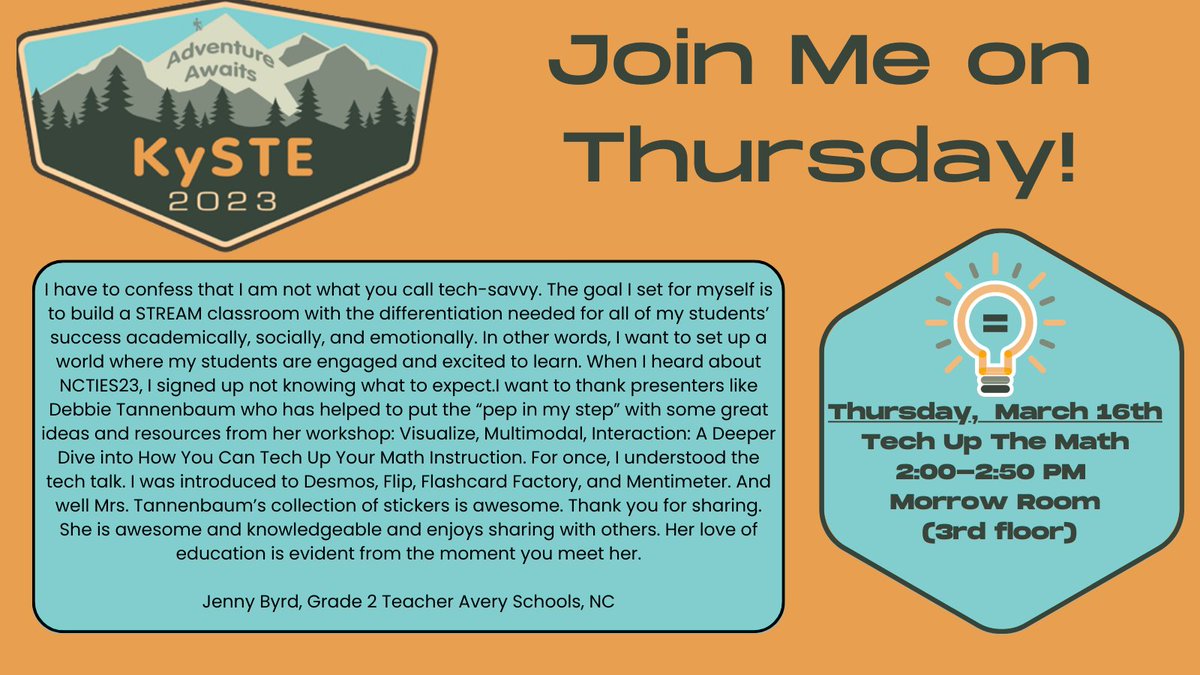 TannenbaumTech's tweet photo. Join me this THURSDAY and learn how to #techupthemath at #kyste23.
Want a sneak peek, see what one of my #NCTies23 participants shared with me about this session.
This fun session is one that if you teach math, you don't want to miss. https://t.co/FevPUWl1t1