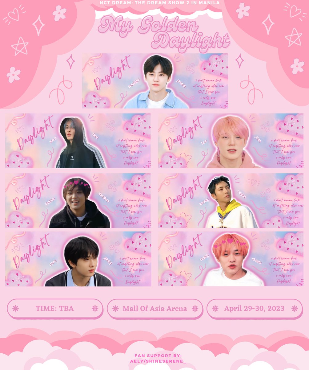 ˗ˋˏ°• my golden daylight •°ˎˊ˗

have you found your daylight? if not, then this is for you! 😉

♡̷ i will be giving away a #7DREAM daylight 💞 hand banners for #TDS2inMNL

to claim :
ꔛ like &amp; rt 
ꔛ approach me on d-day
ꔛ following is opt (for updates)

#NCTDREAMinMNL2023