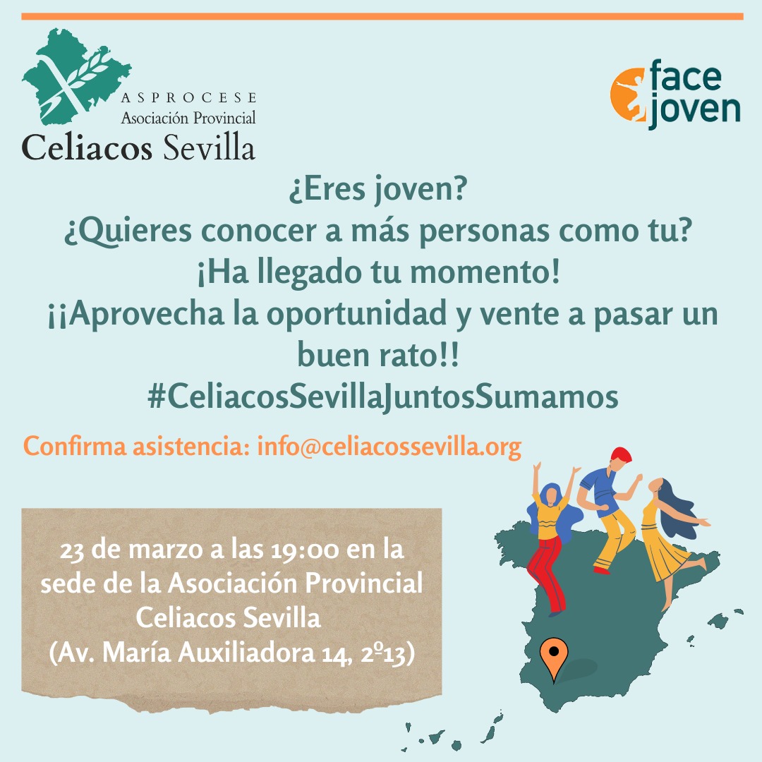 ¿Vives en #sevilla ? ¿Tienes Enfermedad Celiaca y te apetece conocer a gente? Esta es tu oportunidad!!

Quedada en Sevilla el 23 de Marzo a las 19:00 en la sede de la asociación <a href="/celiacossevilla/">Asociación Provincial Celiacos Sevilla</a>  
Para más información y confirmar asistencia enviar email a info@celiacossevilla.org