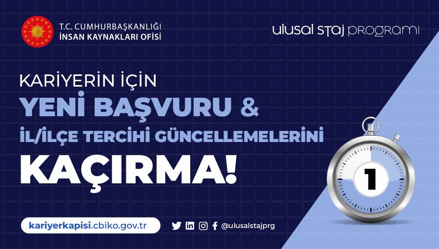 Ulusal Staj Programı (@ulusalstajprg) on Twitter photo Son gün bugün, seni bekliyoruz!
-Başvuruda bulunmayan adaylar başvuru yapabilir,
-Başvurusunu tamamlayanlar ise il/ilçe tercihlerini güncelleyebilir.
#SeninİçinSeferbiriz <a href="/tccbiko/">T.C. Cumhurbaşkanlığı İnsan Kaynakları Ofisi</a> <a href="/kariyerkapisi/">Kariyer Kapısı</a>
👉🏼 kariyerkapisi.cbiko.gov.tr
🗓️ Son Tarih: 13 Mart 2023 Son gün bugün, seni bekliyoruz!
-Başvuruda bulunmayan adaylar başvuru yapabilir,
-Başvurusunu tamamlayanlar ise il/ilçe tercihlerini güncelleyebilir.
#SeninİçinSeferbiriz <a href="/tccbiko/">T.C. Cumhurbaşkanlığı İnsan Kaynakları Ofisi</a> <a href="/kariyerkapisi/">Kariyer Kapısı</a>
👉🏼 kariyerkapisi.cbiko.gov.tr
🗓️ Son Tarih: 13 Mart 2023