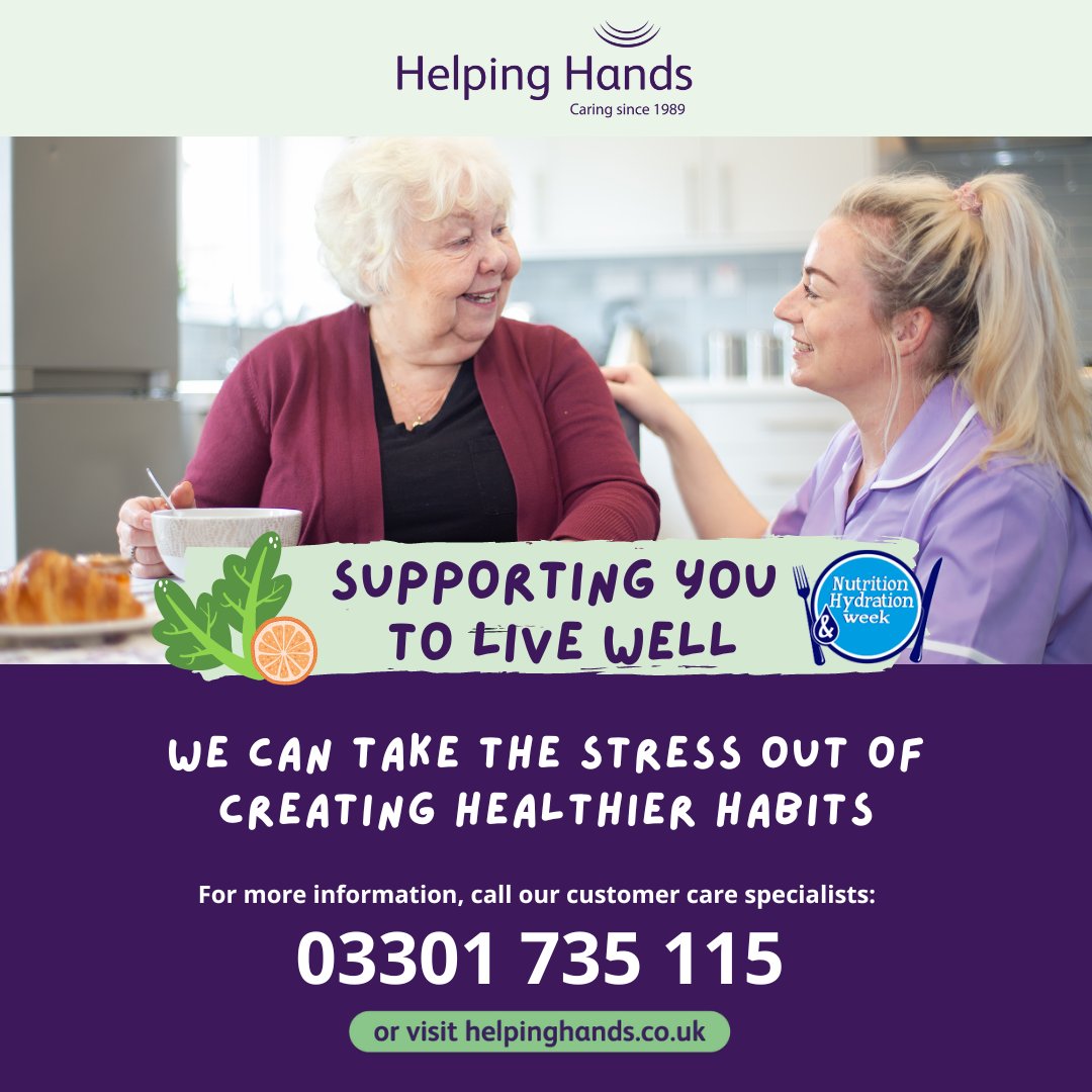 Helping_HandsUK's tweet photo. We are celebrating Nutrition and Hydration Week! 

We can take the stress out of creating healthier habits and our carers can make eating well and staying hydrated easy!

For more information, call our customer care specialists on 03301 735 115 or visit https://t.co/pPOnDvL74e https://t.co/ygJ2xqNUVu