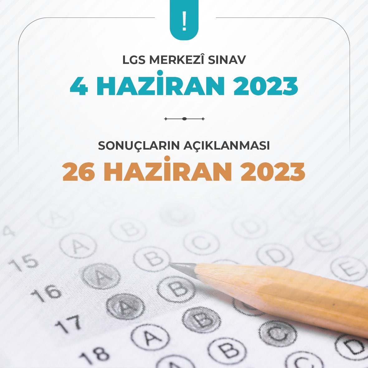 LGS kapsamındaki merkezî sınavı, deprem bölgesindeki iller dâhil ülke genelinde 4 Haziran 2023 tarihinde yapacağız. Sonuçları 26 Haziran’da açıklayacağız. 

OHÂL ilan edilen on ilimizdeki kayıtlı öğrencilerimiz, istemeleri hâlinde diğer illerde sınava girebilecek.
