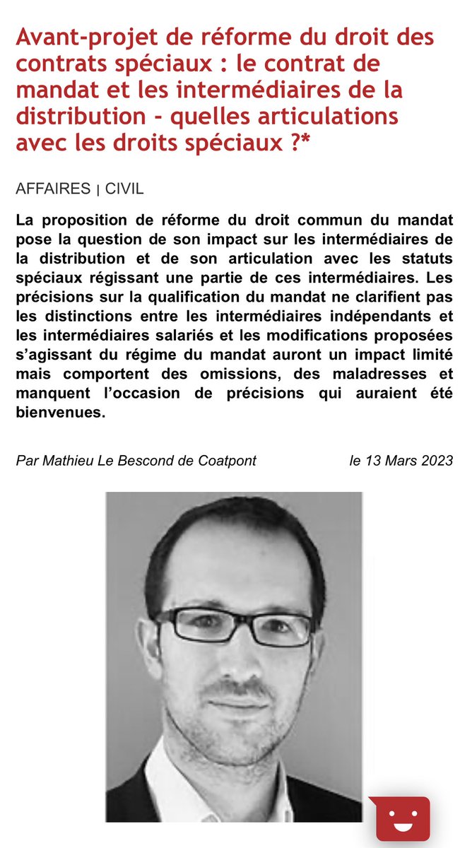 À lire dans ⁦<a href="/Dalloz/">Editions Dalloz</a>⁩ actu [en libre accès] "Avant-projet de réforme du droit des contrats spéciaux : le contrat de mandat et les intermédiaires de la distribution: quelles articulations avec les droits spéciaux ?", par Mathieu Le Bescond de Coatpont dalloz-actualite.fr/node/avant-pro…