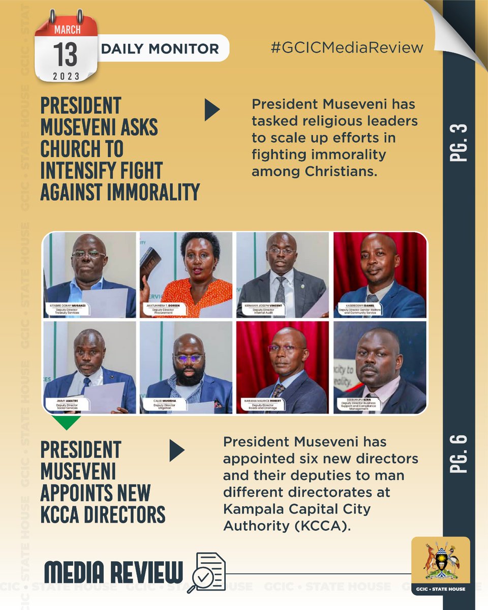 GovUganda's tweet photo. President @KagutaMuseveni  has appointed six new directors and their deputies to man different directorates at Kampala Capital City Authority (KCCA). https://t.co/tMSIgGMczp
