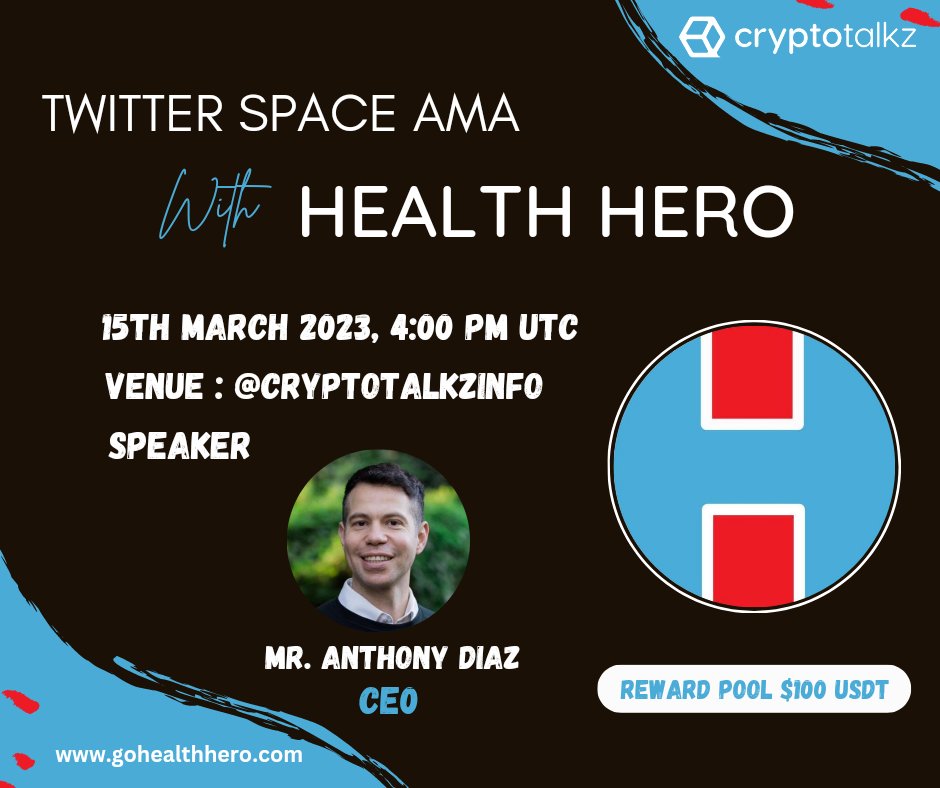 CryptoTalkzInfo's tweet photo. 📣 We are excited to announce our next #TwitterSpaces AMA with Health Hero on 15th March at 4 PM UTC 

💰Reward : $100 USDT 

🏠Venue : 
https://t.co/GvCz1gblzD 🚨Set Reminder🚨

〽️Rules 
1⃣ Follow @@gohealthhero  & @CryptoTalkzInfo
2⃣ Like & RT
3⃣ Comment Questions & Tag 3 Friends