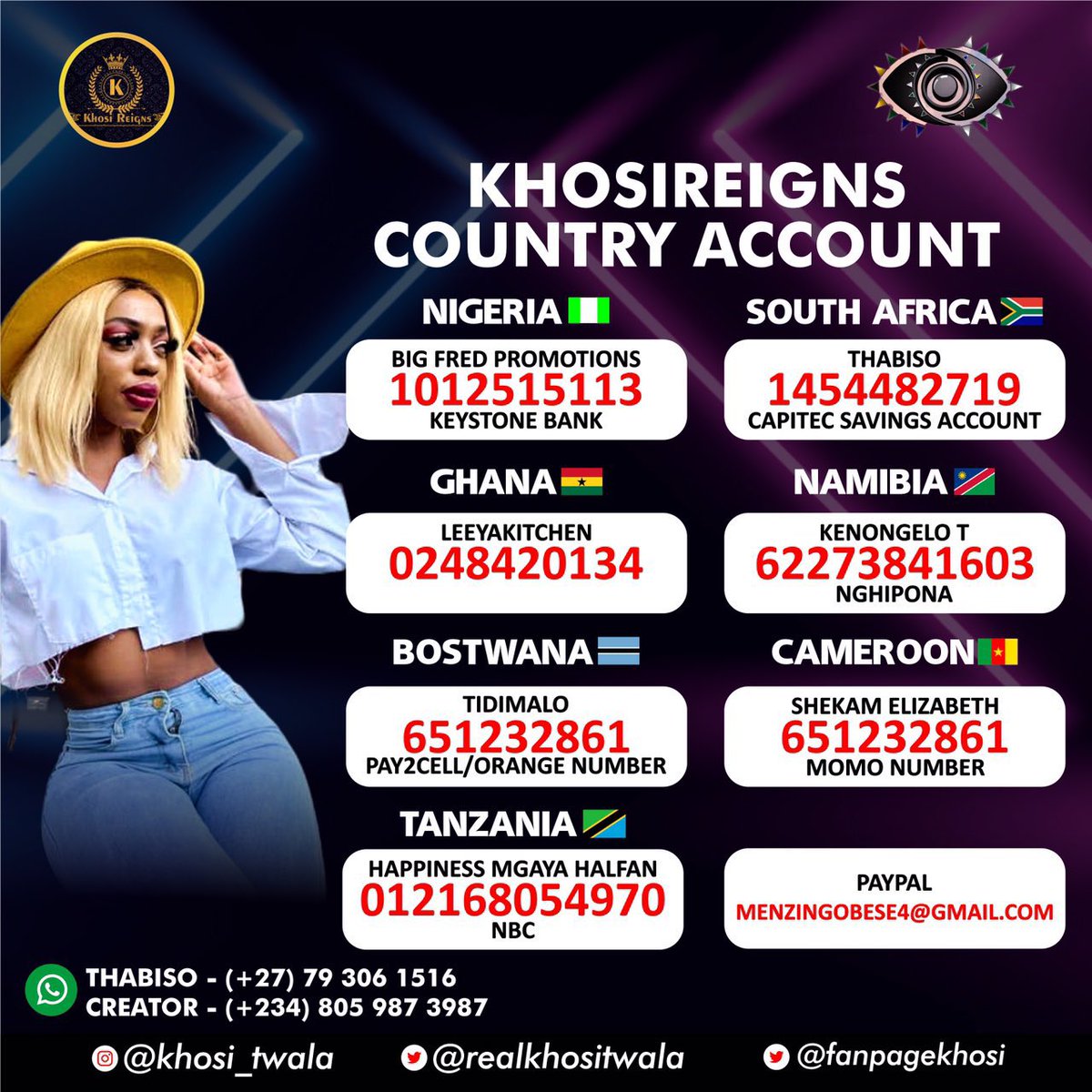 Davibet1's tweet photo. KhosiReigns  hop on a Team today
Team Bricklayer 10iuc
Naira- 10000
Rands- 400
Cedis-270
Dollars-25
Team Spiritualist(50iucs)
Naira - 50,000
Rands -2000
Cedis-1350 
Dollars -110

Team Gym Guru(30iucs)
Naira- 30000
Rands - 1190
Cedis-810
Dollars- 66
KHOSI TO FINALS

#BBTitans https://t.co/0ovgwV8BPX